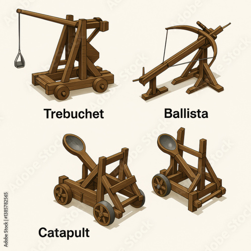 Medieval Siege Weapons Set – Trebuchet, Ballista, and Catapult Illustrations for Education and Game Design