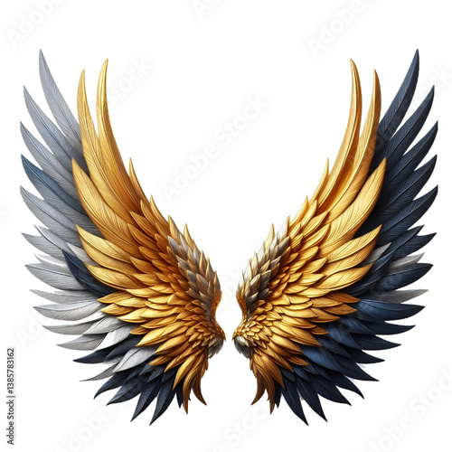 Two golden and gray wings isolated on a white background