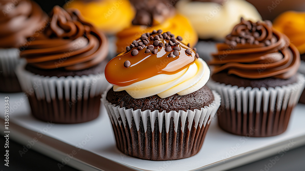 Delicious chocolate cupcakes topped with creamy frosting and sprinkles, beautifully arranged on tray, perfect for any celebration or dessert table Delicious chocolate cupcakes topped with creamy frosting and sprinkles, beautifully arranged on tray, perfect for any celebration or dessert table