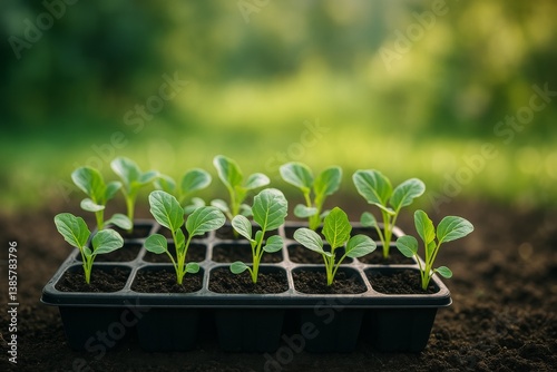 Young Seedlings Growing in Seed Tray at Garden During Spring Season