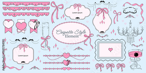 Set of hand drawn pink ribbon frames in vintage style. Trendy coquette decoration elements, ribbons, bows for romantic designs, wedding invitations, cards greeting cards, valentine postcards.
