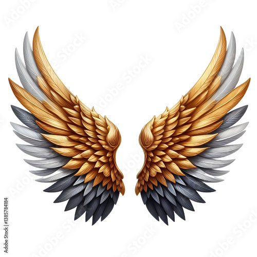Two golden and gray wings isolated on a white background