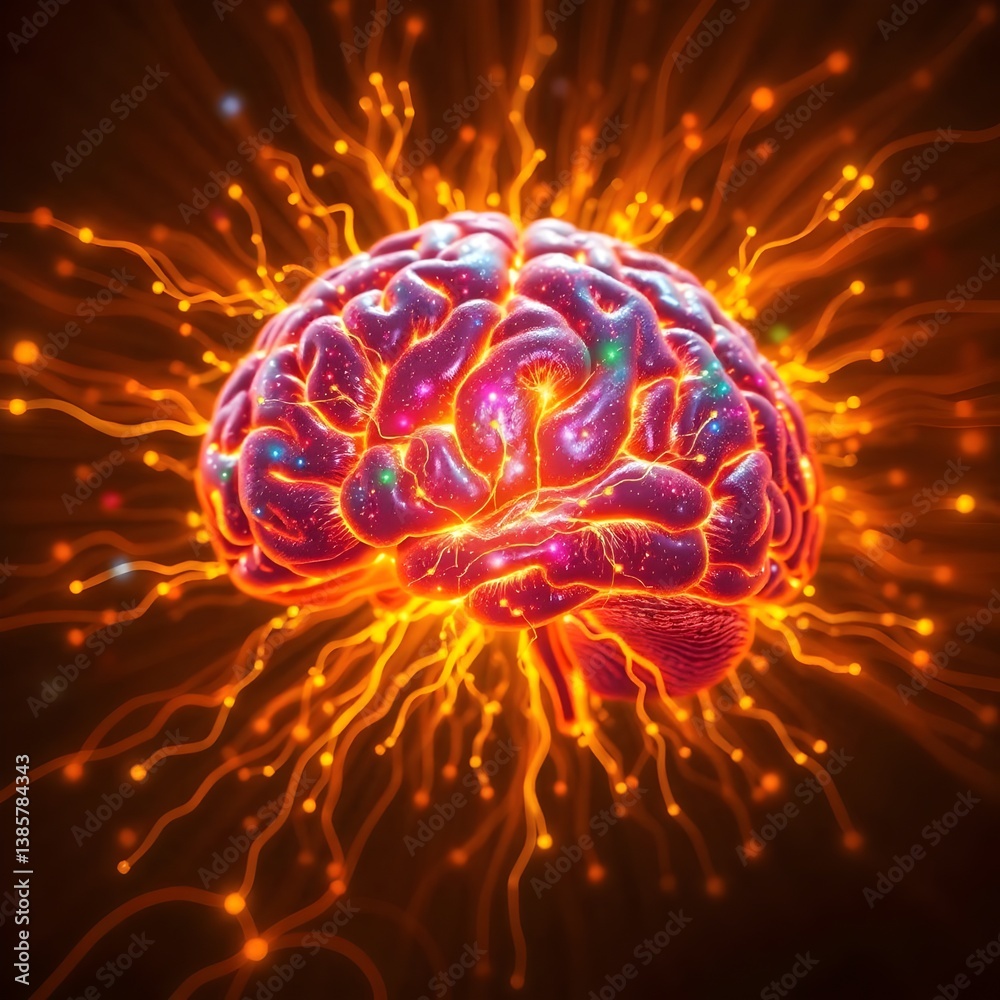 Obraz premium Vivid glowing human brain with colorful electric neural network connections symbolizing artificial intelligence, deep learning, creativity, and futuristic digital brain power.