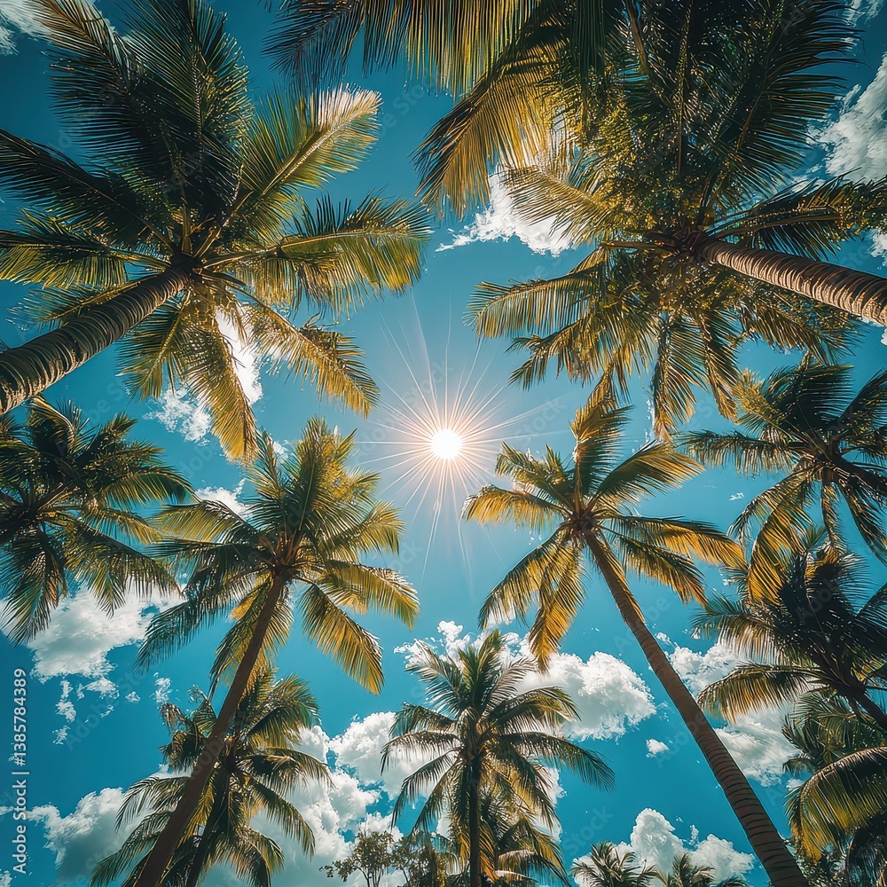 Bright Sunlight Through Lush Green Palm Trees Against Blue Sky Bright Sunlight Through Lush Green Palm Trees Against Blue Sky