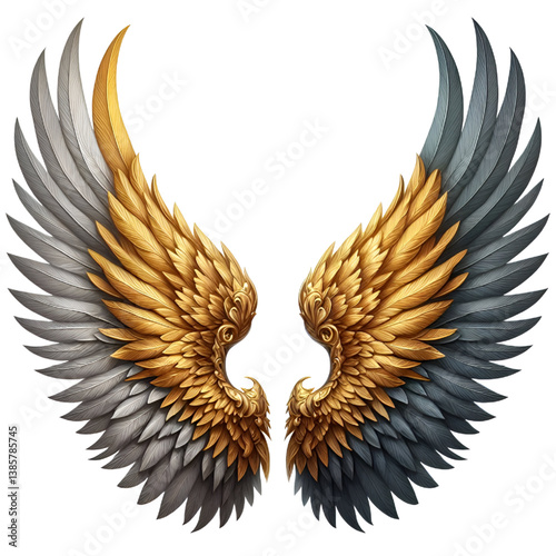 Two golden and gray wings isolated on a white background