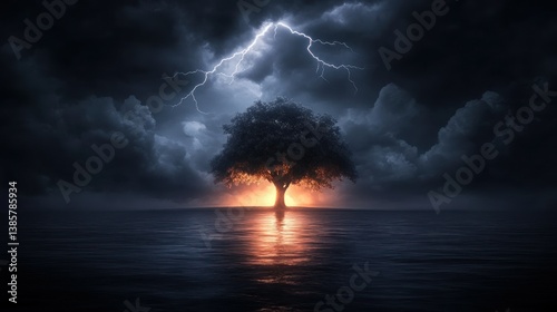 Lone tree glowing amidst a stormy seascape, struck by lightning