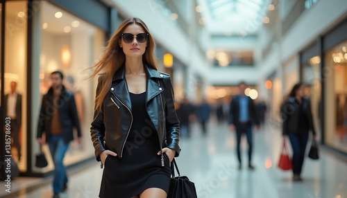 Woman in leather jacket walks through shopping mall