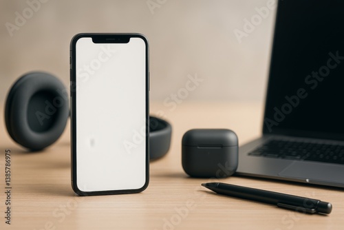 Modern Workspace Featuring Smartphone, Laptop, Headphones, and Accessories on...