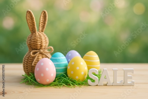 Colorful Easter Eggs in a Basket With Sale Sign and Pastel Background in Spri...