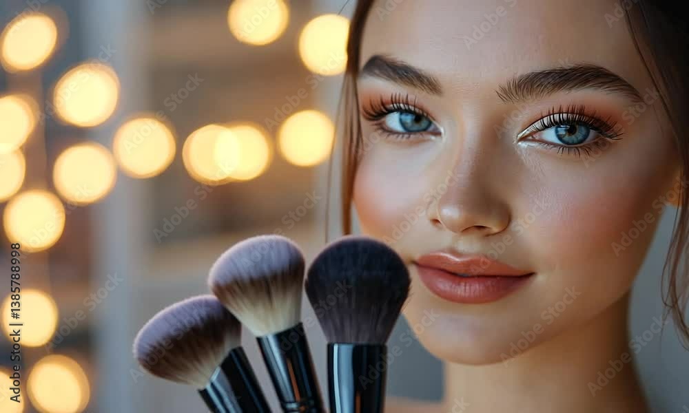 Beautiful young woman with flawless skin holding makeup brushes in front of blurred lights. Concept of beauty and cosmetics