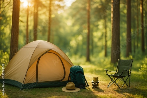 Camping Setup in Serene Forest During Golden Hour With Tent and Gear