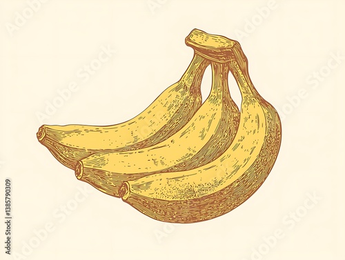 Vibrant tropical banana bunch illustration in a detailed botanical artwork
