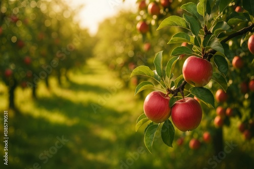 Orchard With Ripe Red Apples During Sunset in a Vibrant Green Setting