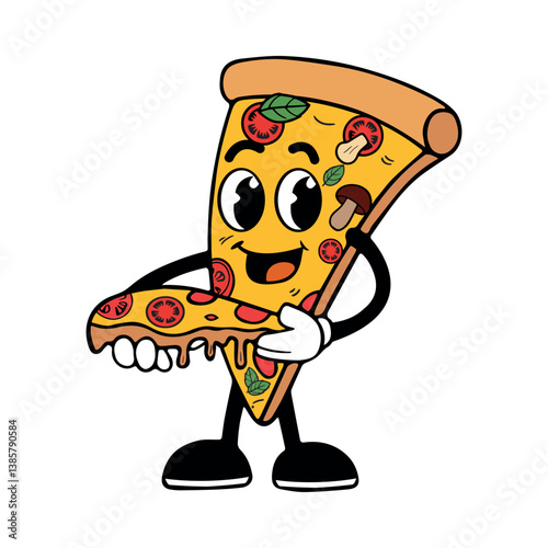 Cartoon Pizza Slice Mascot Holding a Cheesy Slice
