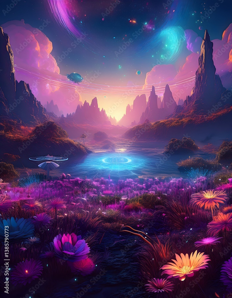 Obraz premium Spaceships flying over a beautiful alien planet with glowing flowers