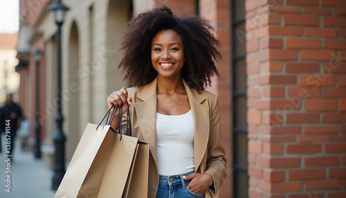 Woman Smiling While Holding Shopping Bags on Street