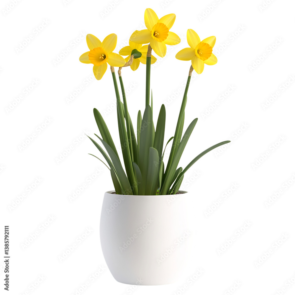 A 3D Daffodil Plant with Bright Yellow Flowers Isolated on Transparent Background