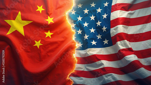 Flags of China and the United States Facing Each Other with a Dividing Light, Geopolitical Tension, Trade War, us tariffs on China