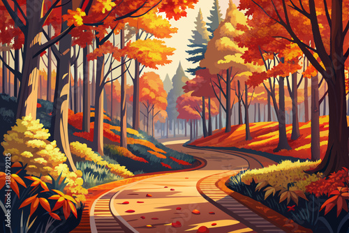 A paved path is surrounded by lush, Paved forest path surrounded by peak fall foliage with Tatoosh mountains in the background at Mt. Rainier National Park