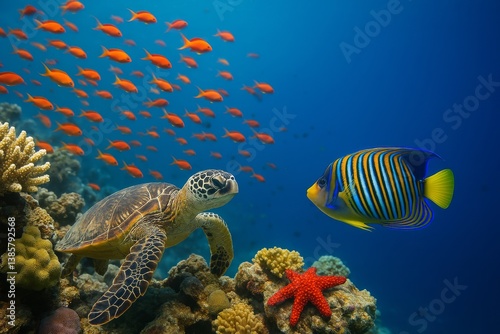 Sea Turtle Swims Alongside Colorful Fish in Vibrant Coral Reef Environment