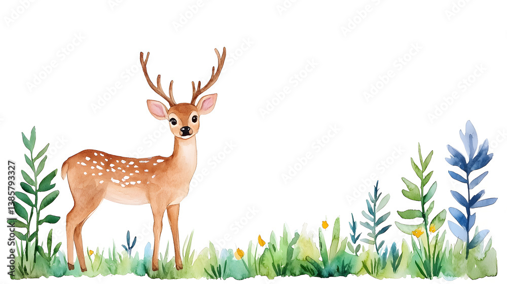 Fototapeta premium A watercolor cartoon frame with cute deer with copy space for text