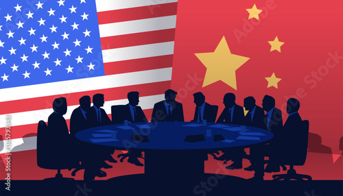 Silhouetted business meeting trade war concept. People in suits around table with USA and China flags in background. Geopolitical negotiation theme