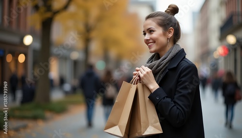 Woman Smiling While Shopping in Busy City Street