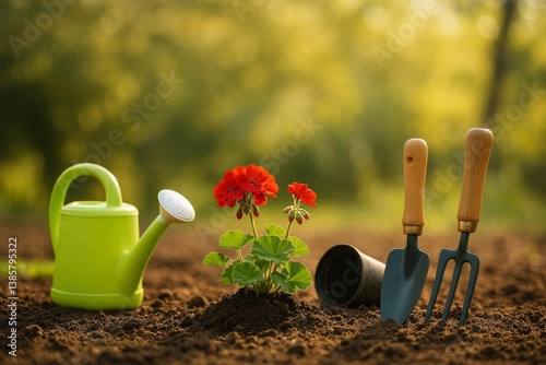 Gardening With Marigolds, Watering Can, and Gardening Tools During Sunny Afte...
