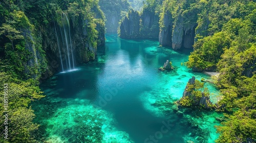 Hidden Lagoon Paradise: Turquoise Waters and Lush Waterfall
