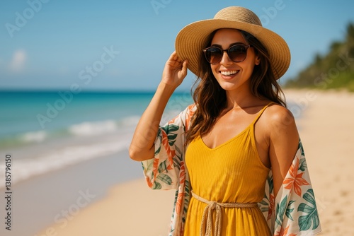 Woman in Yellow Dress and Hat Enjoying Sunny Beach Day by Ocean Waves