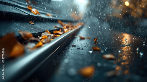 Autumn rain on rooftop gutter