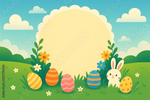 Colorful Easter Eggs and a Bunny in a Vibrant Spring Landscape With a Blank B...