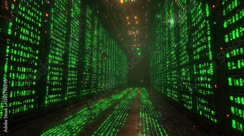 Servers glow green in a data center aisle, creating a futuristic look