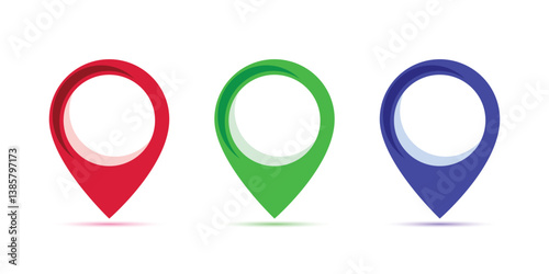 Set of colorful Red Green Blue map pointer. Map pins, markers. Location icons for map. Vector illustration