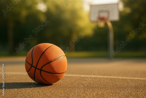 Basketball Resting on Wooden Court With Warm Lighting During Game Time