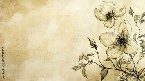 Floral Elegance: A delicate watercolor sketch of blossoms adds a touch of serene beauty, evokes feelings of peace and tranquility, perfectly complemented by the antique paper texture.