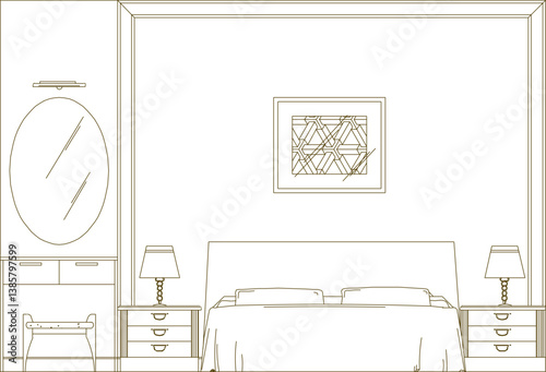 silhouette design vector illustration sketch drawing architecture section interior bedroom with modern classic vintage style bed front view 