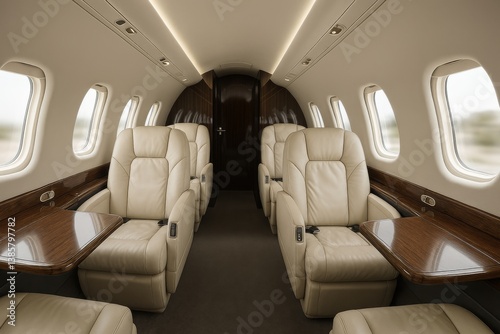 Luxurious Interior of a Private Jet Cabin With Leather Seats and Modern Design