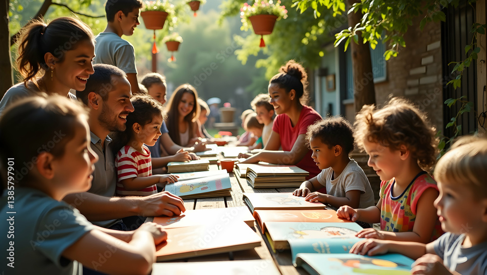 Obraz premium A charming outdoor book fair unfolds amidst a lush, verdant setting, engaging adults and children in a delightful celebration of literature and community spirit