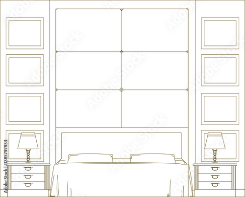silhouette design vector illustration sketch drawing of interior architecture of bedroom with modern classic vintage style bed front view