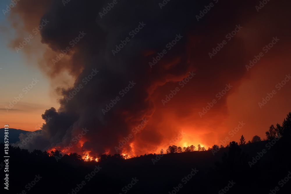 Fototapeta premium The image shows a large plume of smoke rising over a forest at sunset