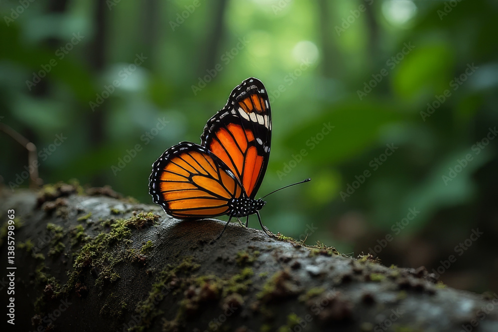 Fototapeta premium The image shows a monarch butterfly perched atop a tree branch