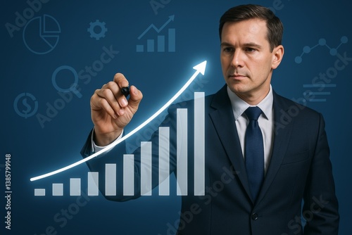 Business Professional Illustrates Growth Trends With Graph on Digital Screen ...