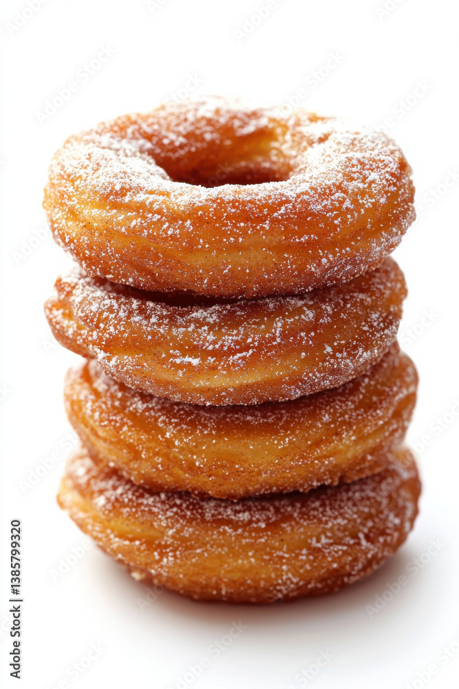 Stack of golden churros dusted with powdered sugar on white background Stack of golden churros dusted with powdered sugar on white background