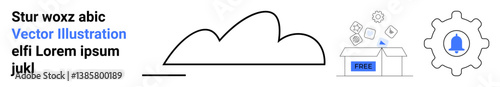 Cloud shape, open box releasing cubes, gear with notification bell inside. Ideal for data storage, technology, teamwork, tools, automation, notifications simple landing page
