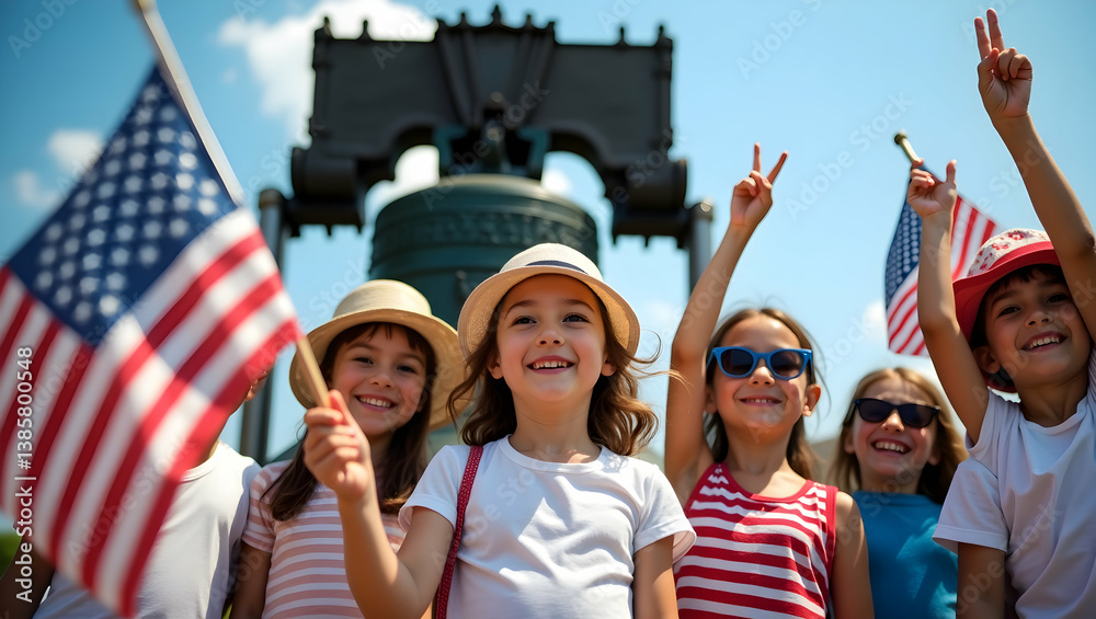Obraz premium Celebrating Freedom, A Group of Joyful Children Holding American Flags and Cheering in Front of a Historic Monument on a Sunny Day