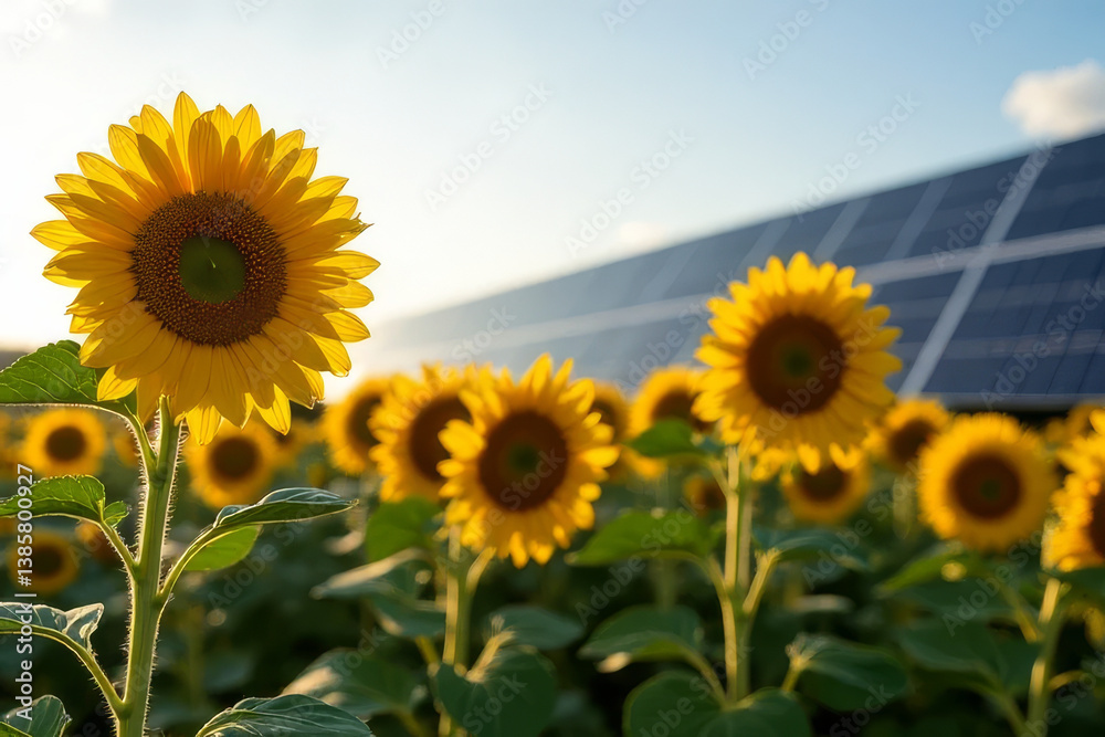 Fototapeta premium The image shows a field of sunflowers with solar panels in the background