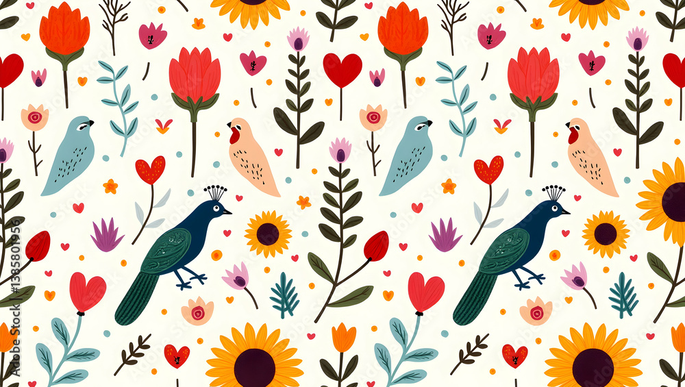 Fototapeta premium Folk Art Floral and Bird Pattern, A Seamless Symphony of Nature's Charm, with Vibrant Colors, Stylized Flowers, and Whimsical Birds in Harmonious Arrangement