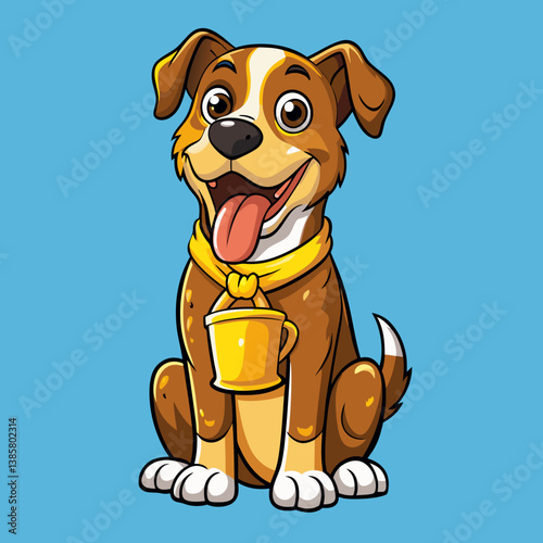 cartoon dog, Happy Cartoon Dog with Yellow Bandana and Drink Illustration, happy dog, yellow bandana, drink dog, dog illustration, cute dog, dog art, dog design, dog graphic, dog character, dog expres