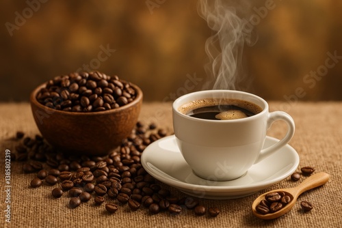 Freshly Brewed Coffee Served in a White Cup Next to a Bowl of Roasted Beans